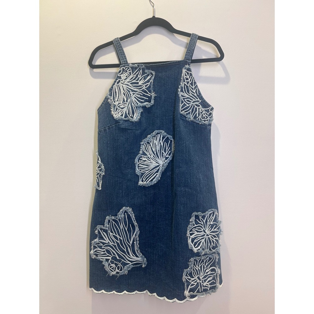 Anthropologie Pilcro Denim Dress Womens XS Dark Blue Floral Embroidery Scallop